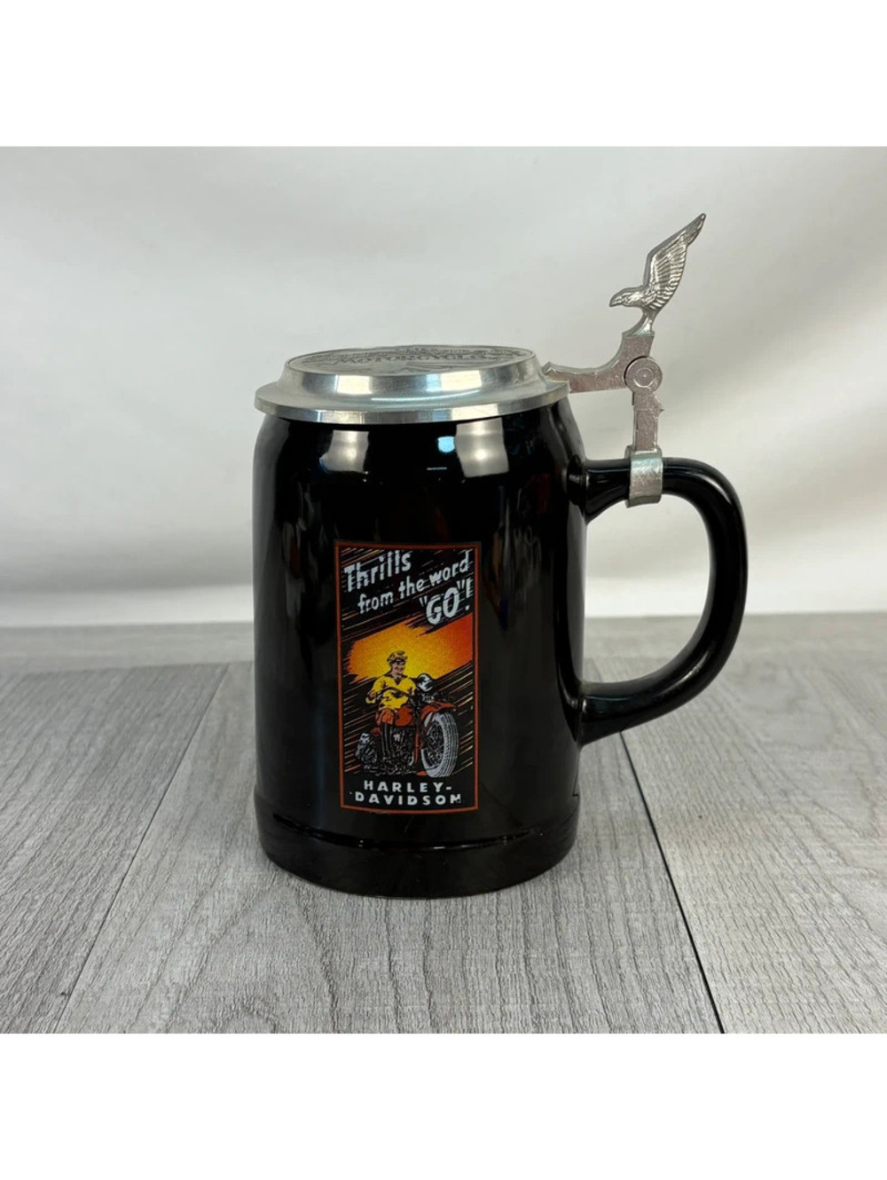 Harley-Davidson Thrills From The Word GO! Ceramic Beer Stein With Pewter Lid